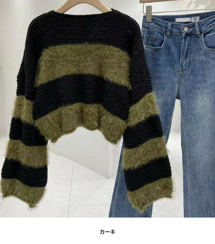 KICKSEWING(キックスウィング)アンゴラボーダークロップニット