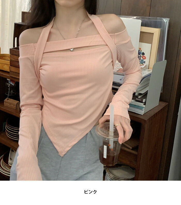 KICKSEWING(キックスウィング)プルアオフショルダースリットクロップTシャツ
