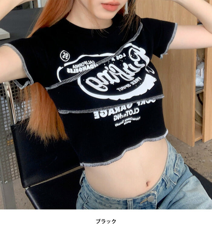 KICKSEWING(キックスウィング)ステッチポイントレタリングクロップTシャツ