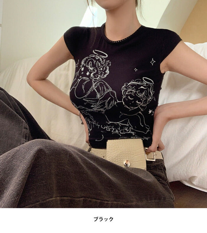 KICKSEWING(キックスウィング)エンジェルプリントクロップTシャツ