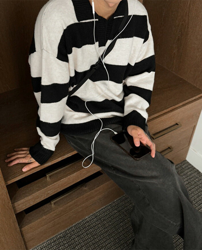 ASCLO(エジュクロ)ASCLO Open Collar Border Knit