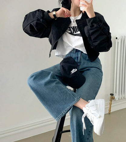 Beidelli(ベイデリ)shirring cropped aviation jumper