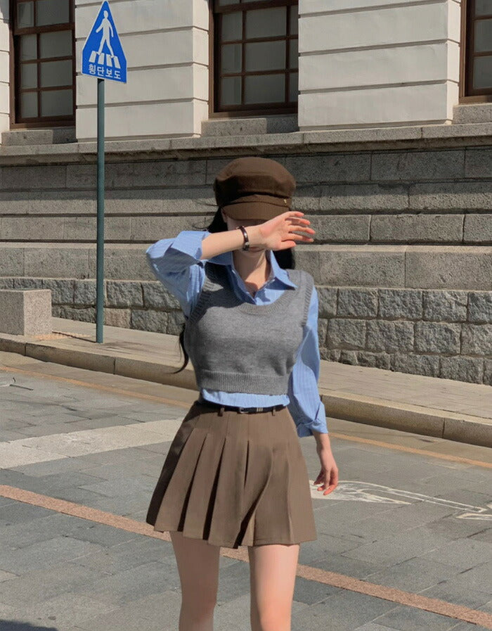 Beidelli(ベイデリ)ストライプクロップシャツ&ニットベストセットアップ