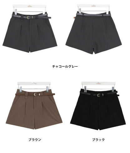 Beidelli(ベイデリ)ベルト付き、クラシックピンタックショートパンツ 冬ショートパンツ 冬 デイリー ベーシック