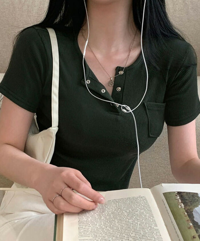 Beidelli(ベイデリ)リブボタンポケット半袖Tシャツ