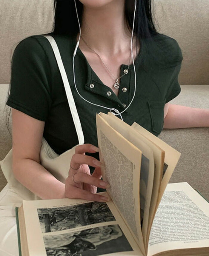 Beidelli(ベイデリ)リブボタンポケット半袖Tシャツ
