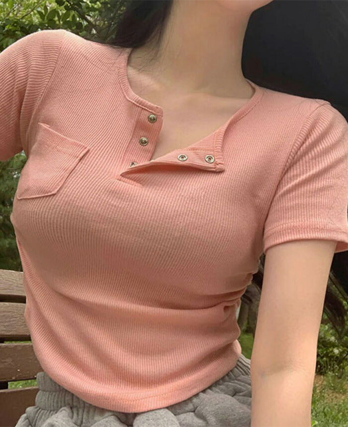 Beidelli(ベイデリ)リブボタンポケット半袖Tシャツ