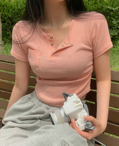 Beidelli(ベイデリ)リブボタンポケット半袖Tシャツ