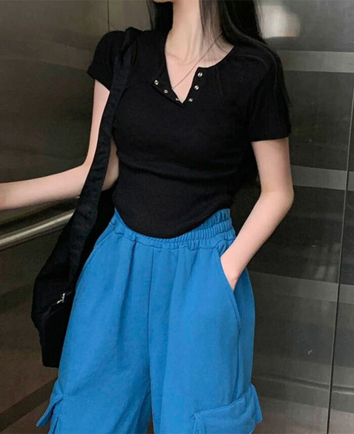 Beidelli(ベイデリ)リブボタンポケット半袖Tシャツ