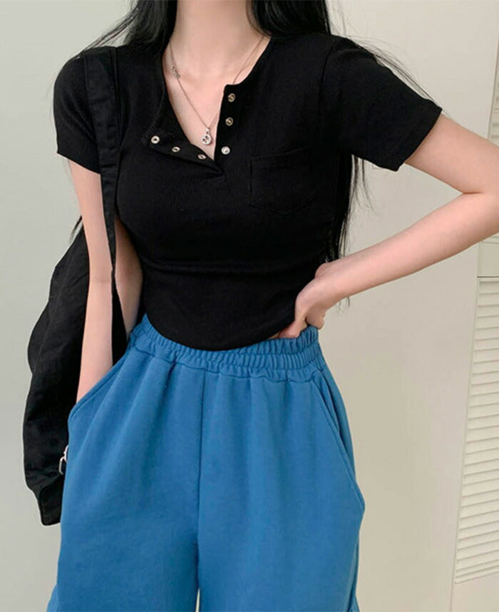 Beidelli(ベイデリ)リブボタンポケット半袖Tシャツ