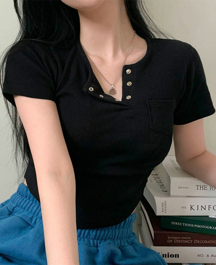 Beidelli(ベイデリ)リブボタンポケット半袖Tシャツ