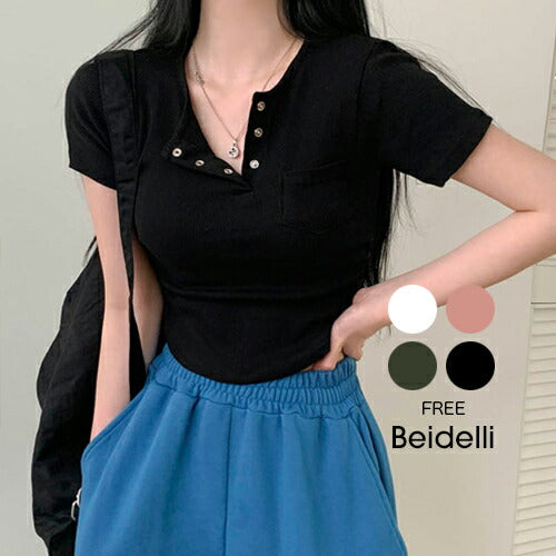 Beidelli(ベイデリ)リブボタンポケット半袖Tシャツ
