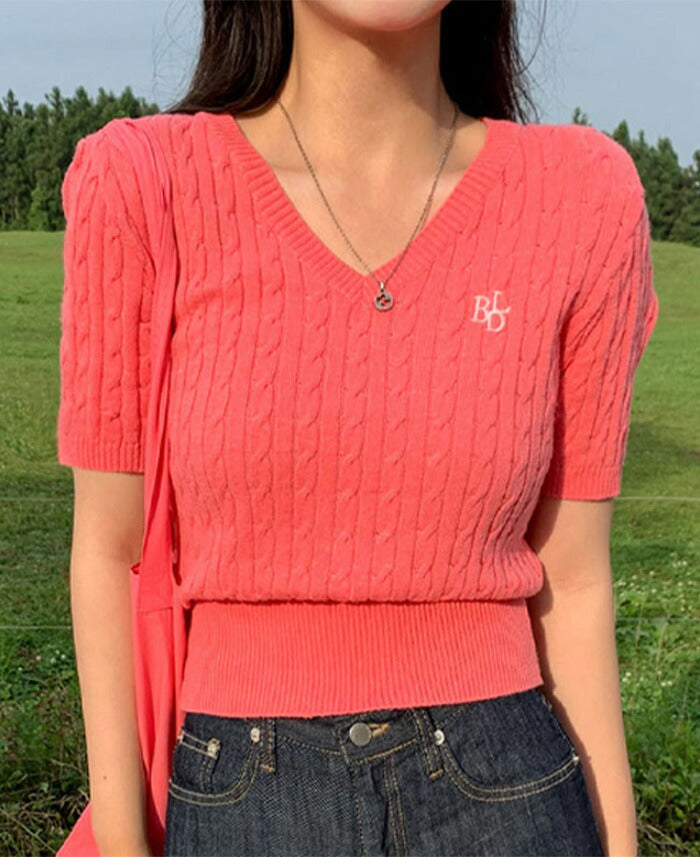 Beidelli(ベイデリ)BELLIDEワンポイント刺繍ケーブル半袖ニット