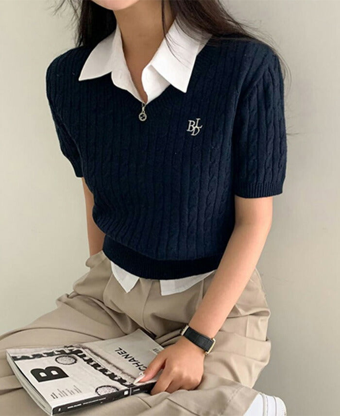 Beidelli(ベイデリ)BELLIDEワンポイント刺繍ケーブル半袖ニット