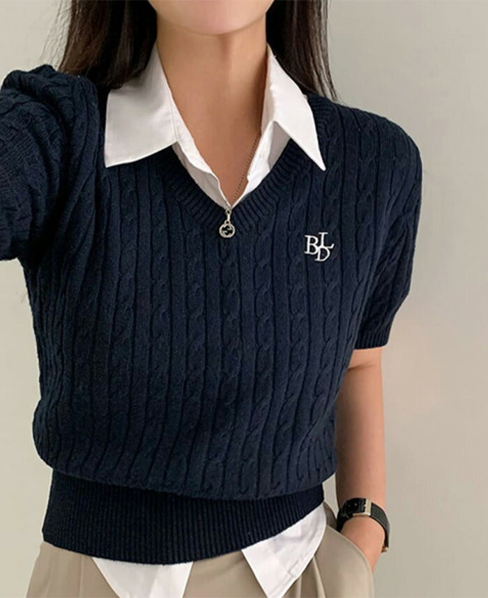 Beidelli(ベイデリ)BELLIDEワンポイント刺繍ケーブル半袖ニット