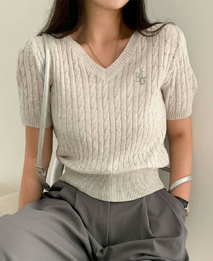 Beidelli(ベイデリ)BELLIDEワンポイント刺繍ケーブル半袖ニット