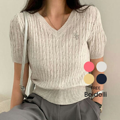 Beidelli(ベイデリ)BELLIDEワンポイント刺繍ケーブル半袖ニット