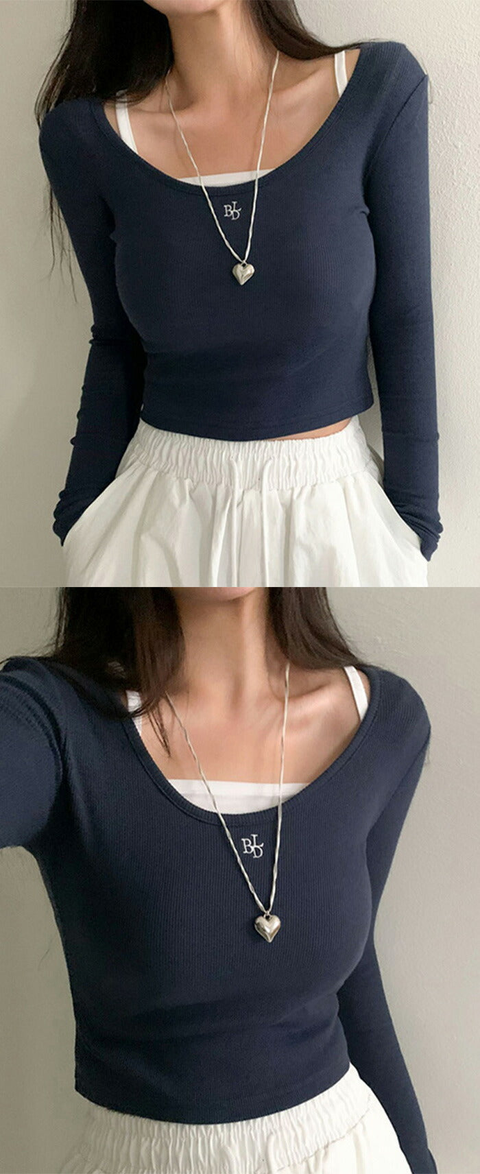Beidelli(ベイデリ)ニュートラル刺繍Uネック長袖Tシャツ