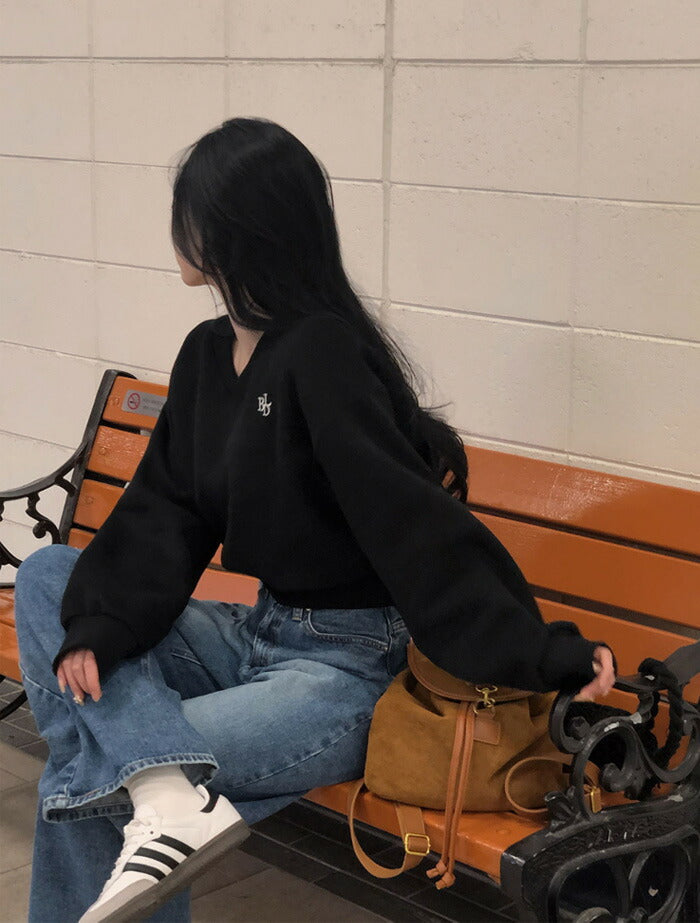 Beidelli(ベイデリ)[BELLIDE MADE] 裏起毛、パステルVネッククロップドスウェット