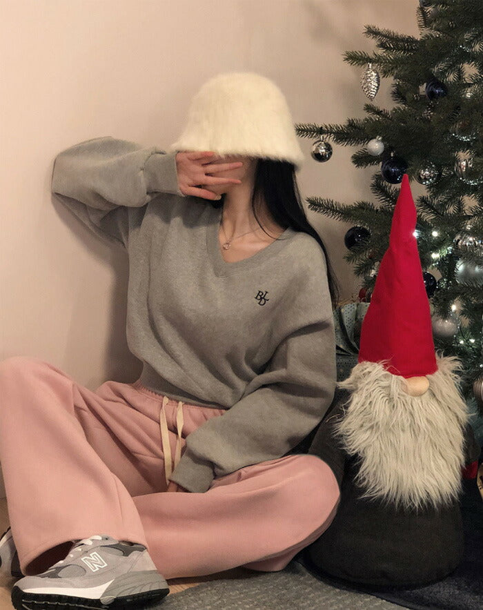Beidelli(ベイデリ)[BELLIDE MADE] 裏起毛、パステルVネッククロップドスウェット
