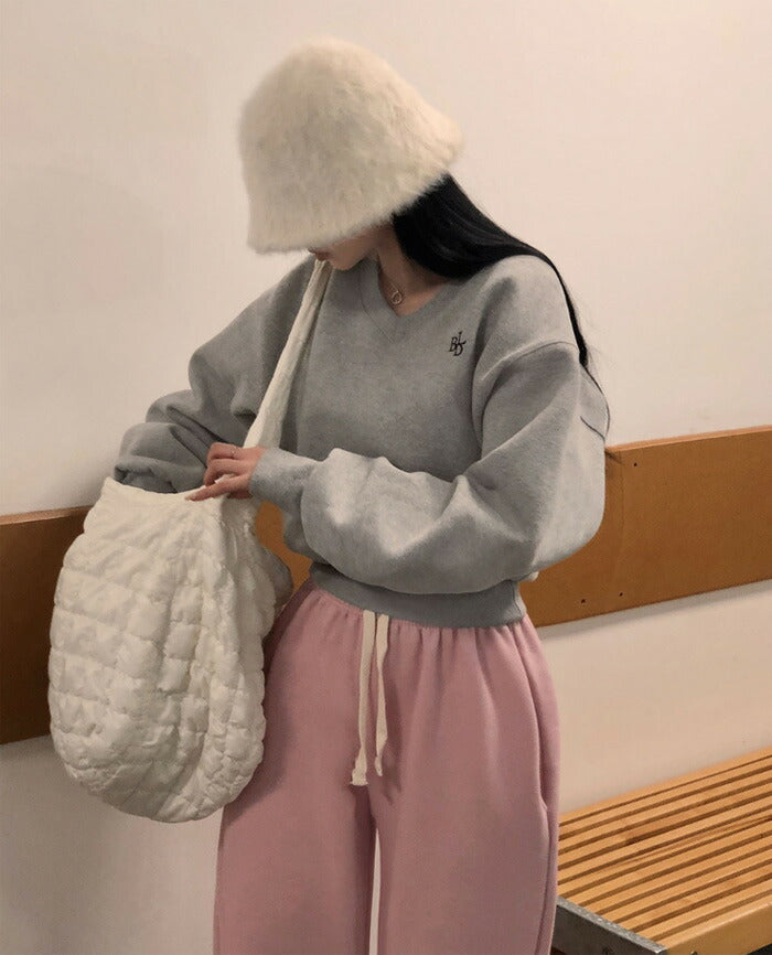 Beidelli(ベイデリ)[BELLIDE MADE] 裏起毛、パステルVネッククロップドスウェット