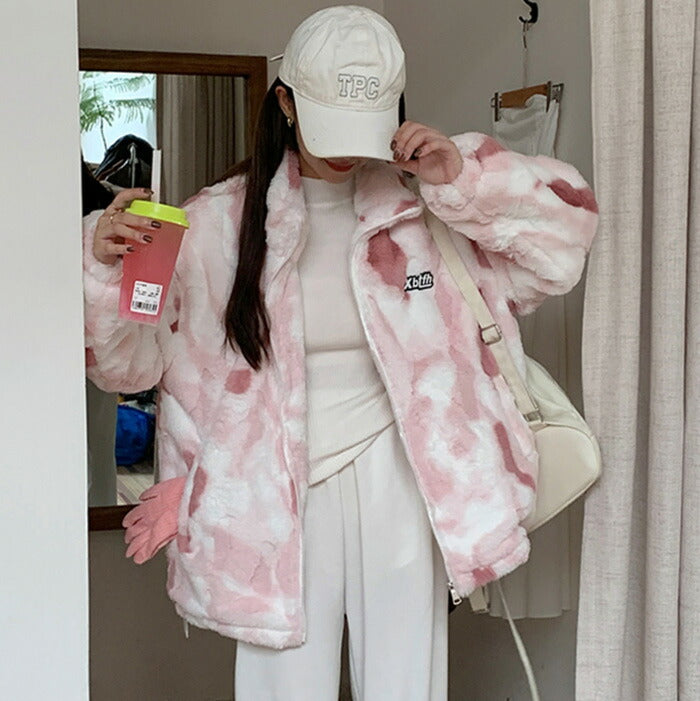KICKSEWING（キックスウィング）エックスビー タイダイ モコモコ ファー ジップアップ ジャンパー