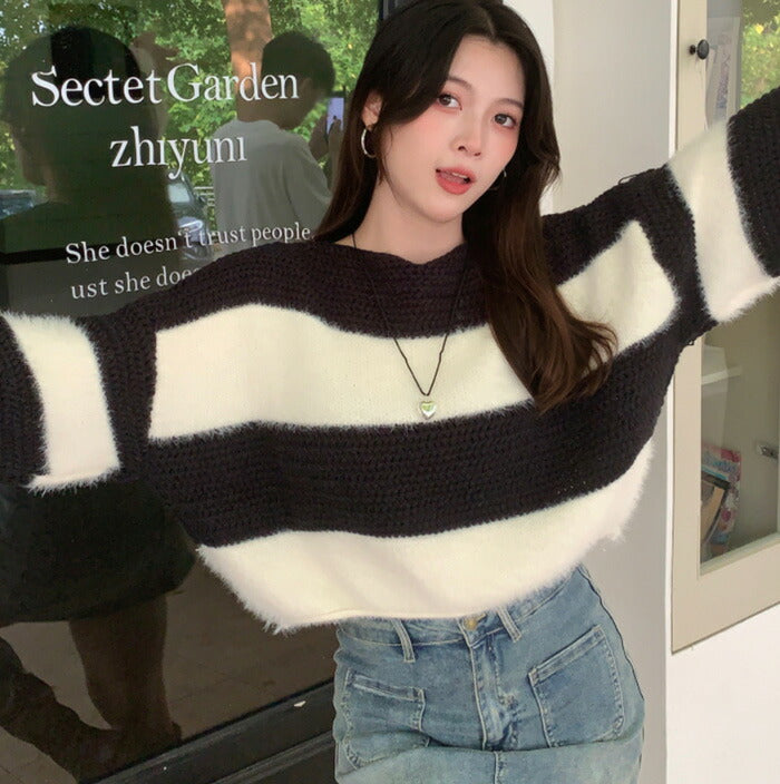 KICKSEWING（キックスウィング）アンゴラボーダークロップニット