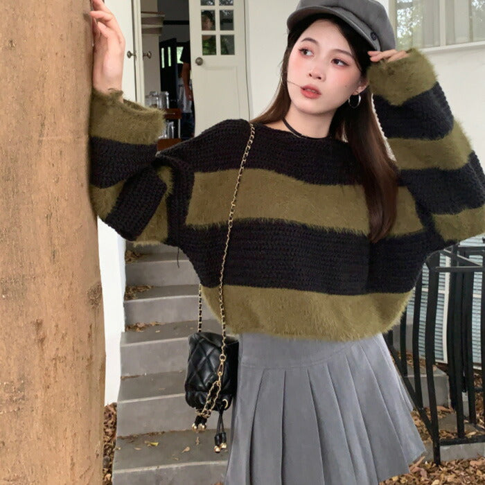 KICKSEWING（キックスウィング）アンゴラボーダークロップニット
