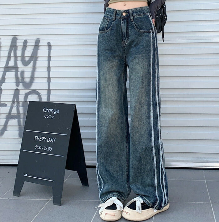 KICKSEWING（キックスウィング）サイドラインワイドデニムパンツ