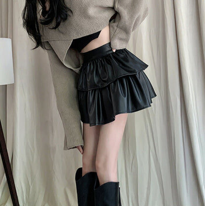 KICKSEWING（キックスウィング）アースプリーツティアードレザーミニスカート