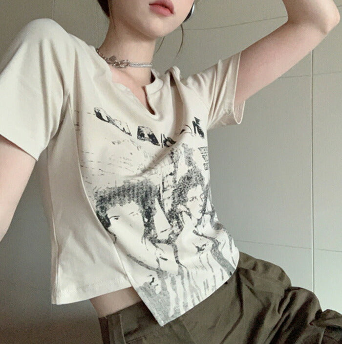 KICKSEWING（キックスウィング）プリンティングアシンメトリークロップTシャツ