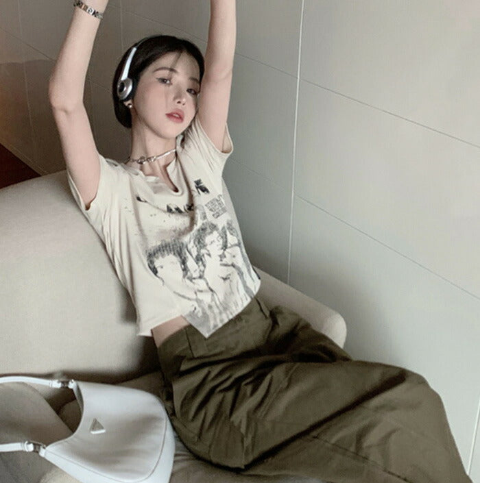 KICKSEWING（キックスウィング）プリンティングアシンメトリークロップTシャツ