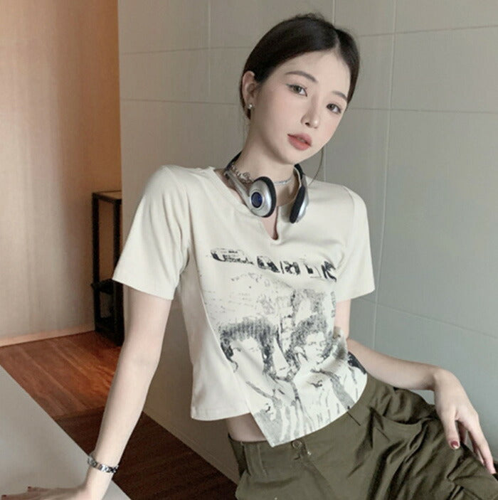 KICKSEWING（キックスウィング）プリンティングアシンメトリークロップTシャツ