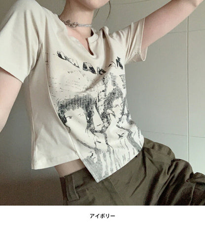 KICKSEWING（キックスウィング）プリンティングアシンメトリークロップTシャツ