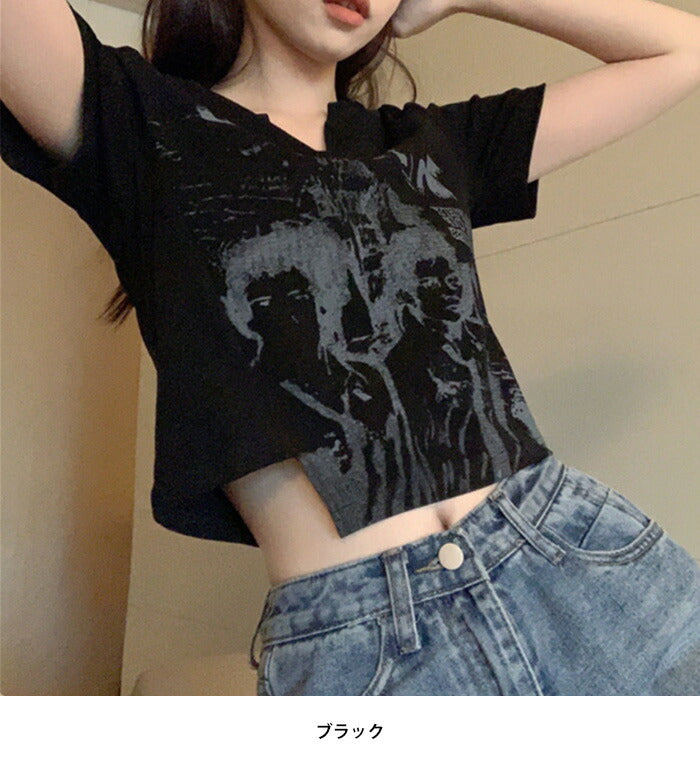 KICKSEWING（キックスウィング）プリンティングアシンメトリークロップTシャツ