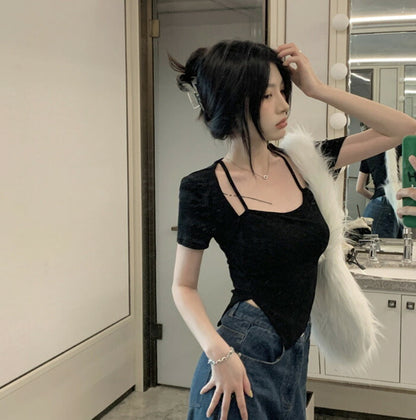KICKSEWING（キックスウィング）アシンメトリーボレロカーデレイヤードデザイントップス