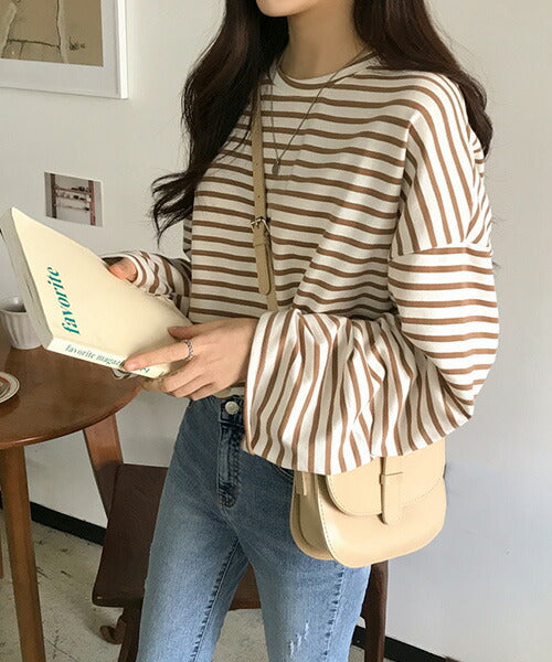 MICHYEORA(ミチョラ)ワイド袖ボーダーTシャツ-