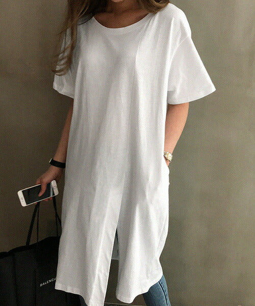 NANING9(ナンニング)変形スリットロングTシャツ-