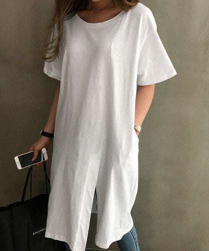 NANING9(ナンニング)変形スリットロングTシャツ-