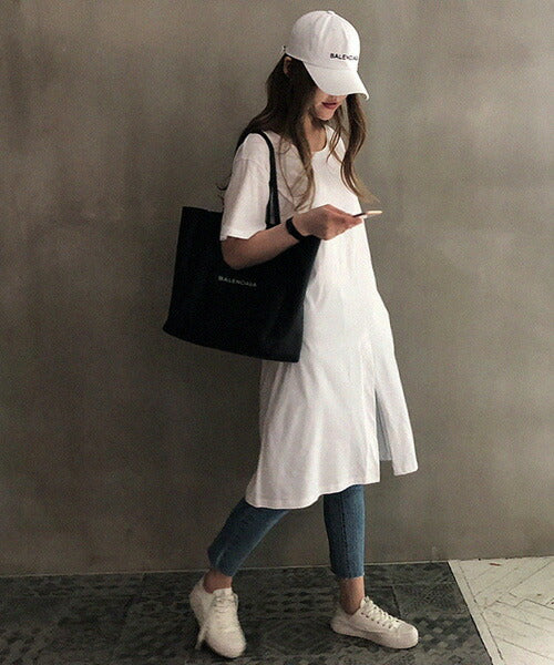 NANING9(ナンニング)変形スリットロングTシャツ-