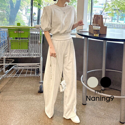 NANING9(ナンニング)パフスリーブ半袖スウェット＆ピンタックパンツセット