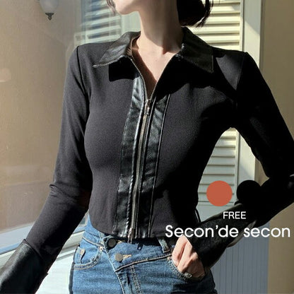 Secon'de secon(セカンドセカン)レザーミックスラウンドカットクロップシャツ