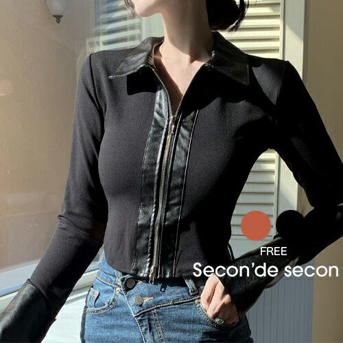 Secon'de secon(セカンドセカン)レザーミックスラウンドカットクロップシャツ