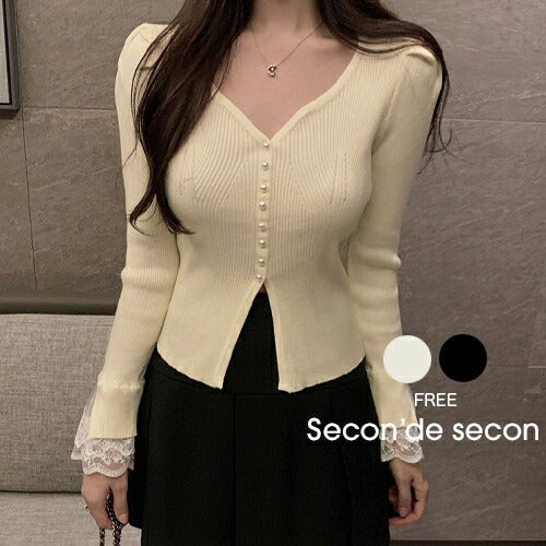 Secon'de secon(セカンドセカン)パールハーフボタンレーススリーブカーディガン