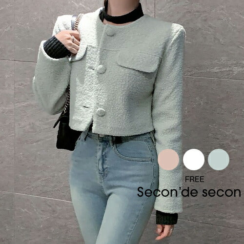 Secon'de secon(セカンドセカン)フェミニンフェイクポケットノーカラークロップジャケット