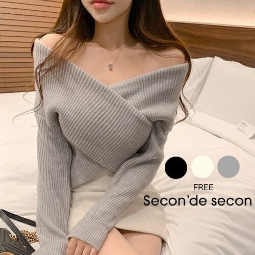 Secon'de secon(セカンドセカン)オフショルダーラップリブニット