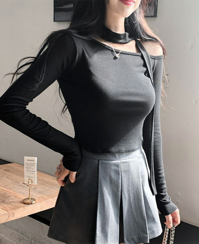 Secon'de secon(セカンドセカン)[SET]ワンオフショルダースリム長袖Tシャツ+スカーフ