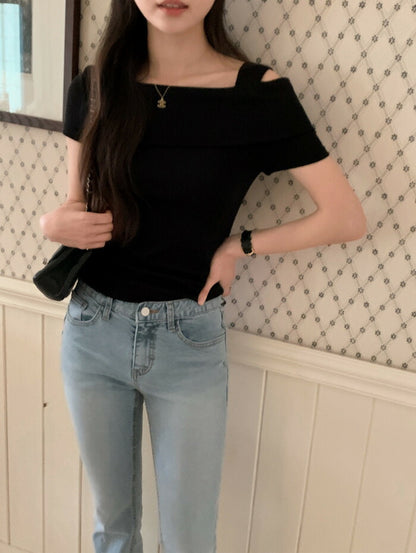 SHOPPERLAND(ショッパーランド)アシンメトリーオフショルダー半袖Tシャツ