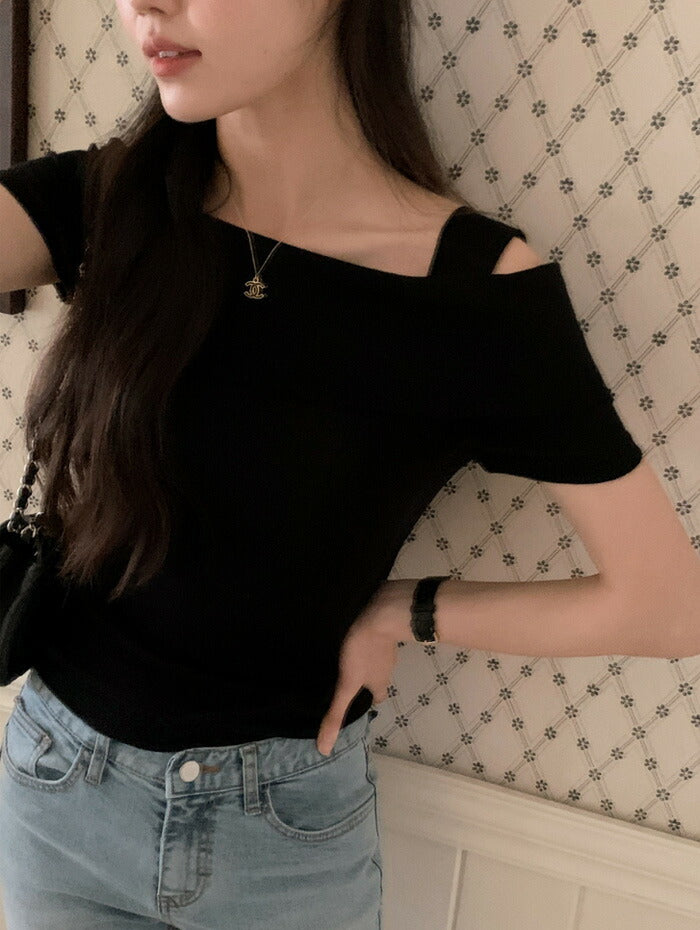 SHOPPERLAND(ショッパーランド)アシンメトリーオフショルダー半袖Tシャツ