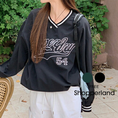 SHOPPERLAND(ショッパーランド)Embroidery Lettering V-neck Sweat Shirt